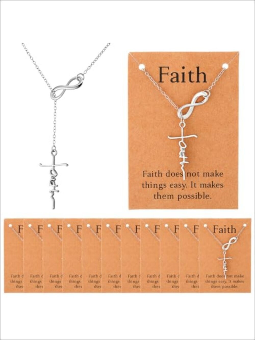 Silver Faith Cross Necklace Set 12 Pc Infinity Pendant Bulk with Cards
